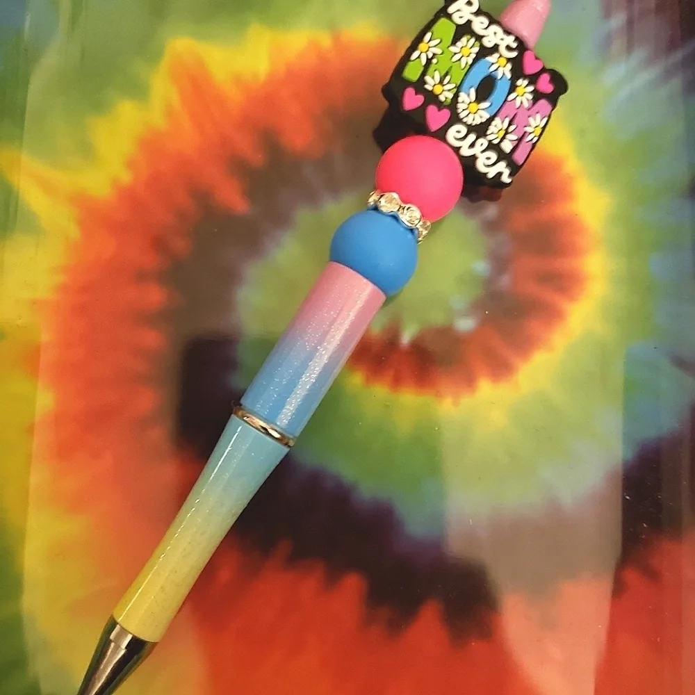 Handmade Glitter Gradient Rainbow Best Mom Ever Beaded Silicone Focal Bead Pen